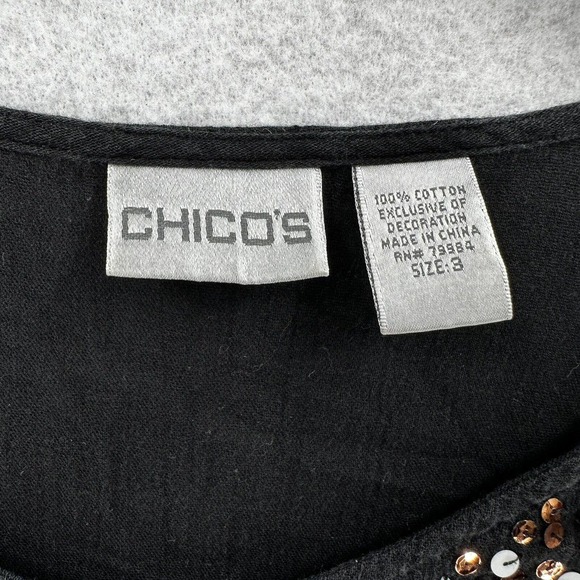 Chicos Top 3 (XL) Pullover Gauzy Sheer Black Elastic Waist Sequins Beaded Blouse - Picture 13 of 16